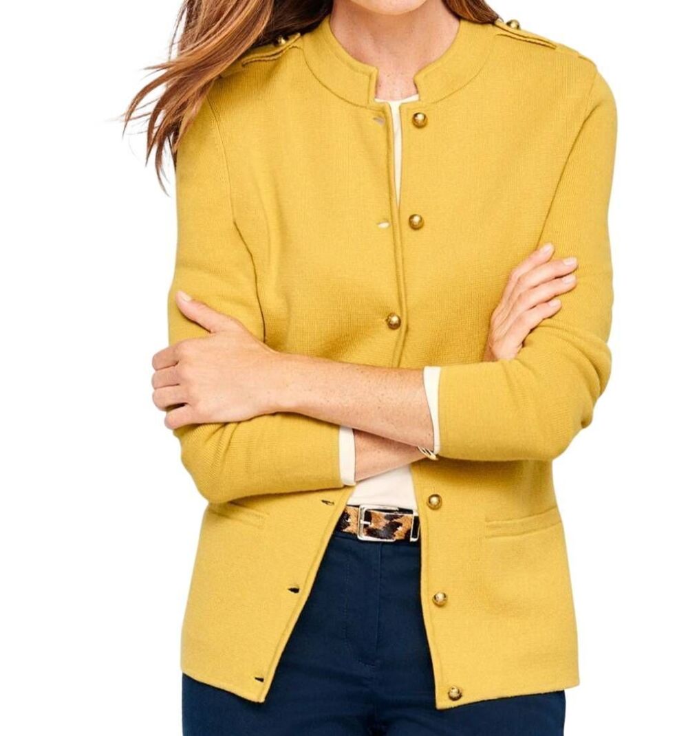 Talbots Sweater Jacket Women's 1X Petite Golden Yellow Merino Military Preppy
